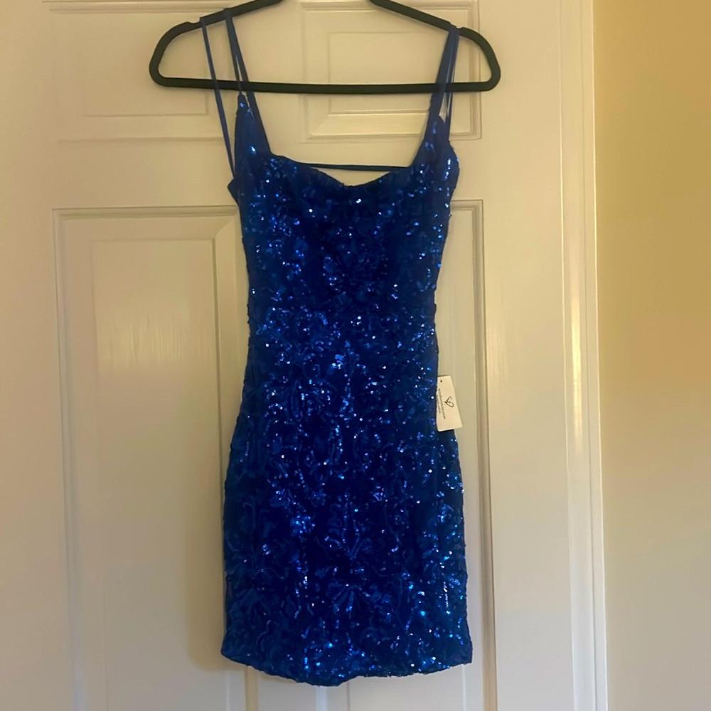 Small Windsor Blue Sparkle Backless mini dress